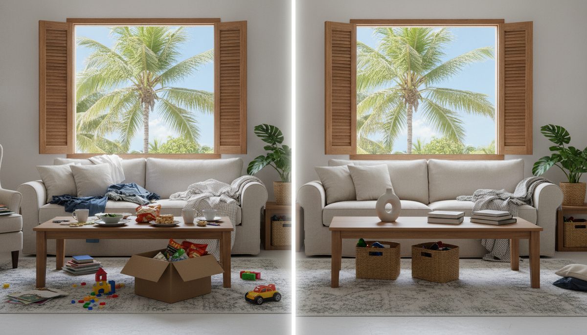 The same Caribbean living room, messy on the left and tidy on the right